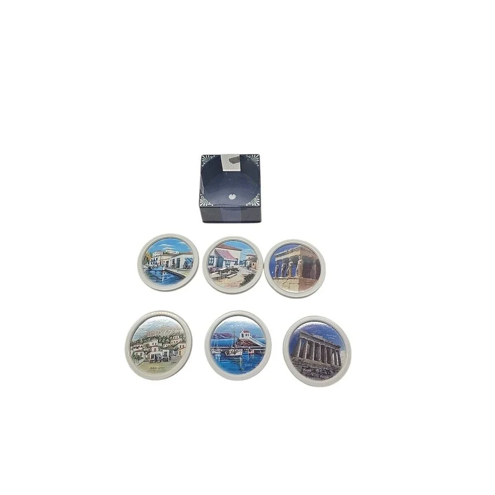 Greece Scenery Plastic Coasters Set of 6 with Holder  Eabion Made In Greece